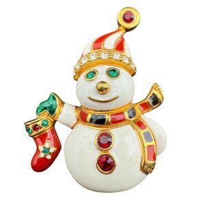 Snowman Christmas Enamel Rhinestone Pin Brooch Gold-Tone Red Green Festive Holid